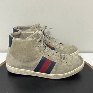 Gucci High Top Sneakers Men 8G Beige Suede‎ Web Stripe Italy Retro Luxury